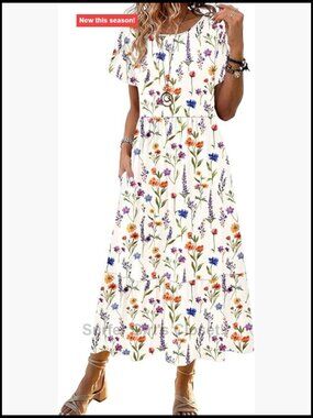 A-Line Midi Summer Dress - Short Sleeve Crew Neck Casual Flowy Vacation Dress